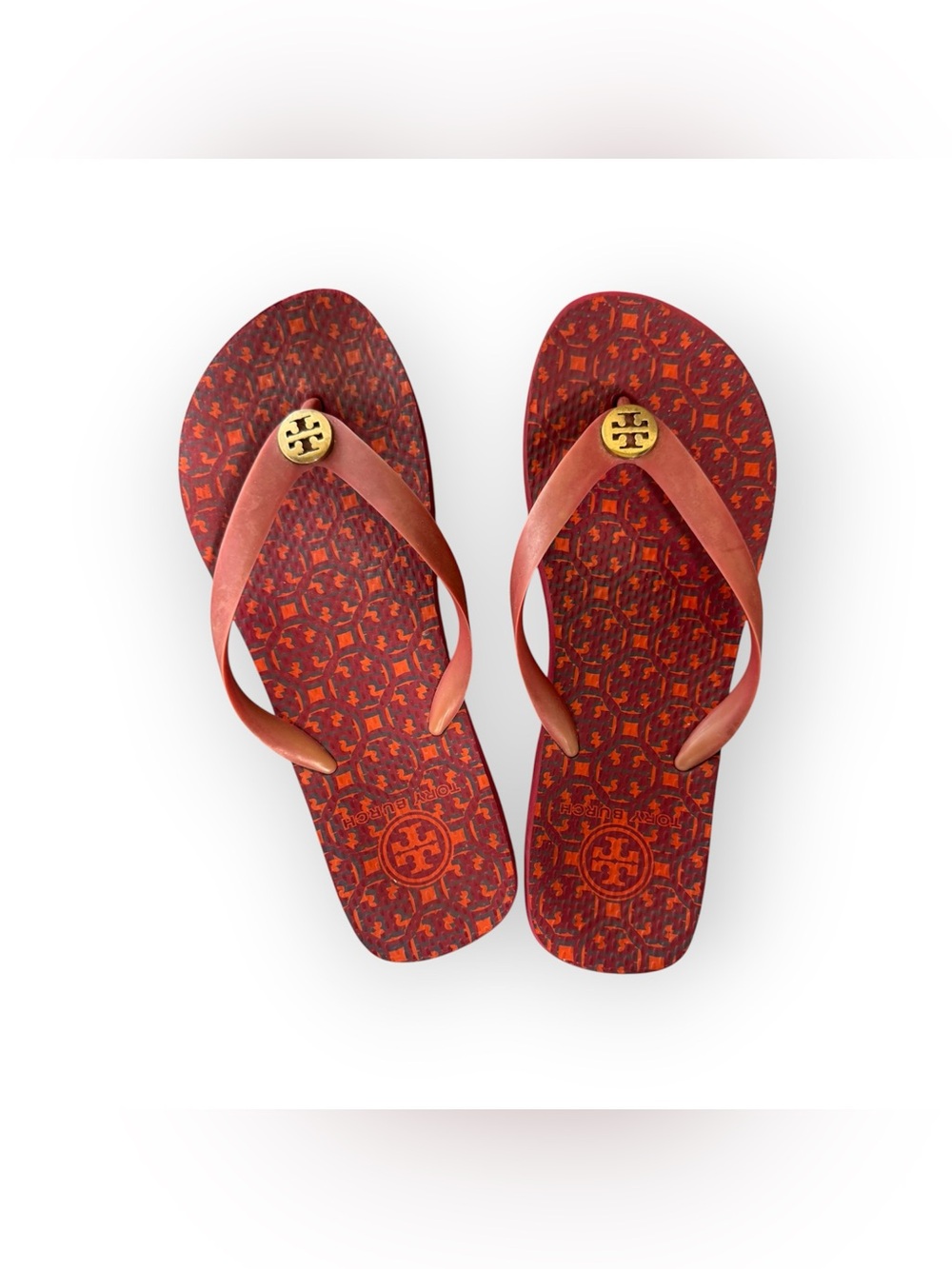 Tory Burch Logo Lattice Red Printed Flip Flops with Logo Medallion